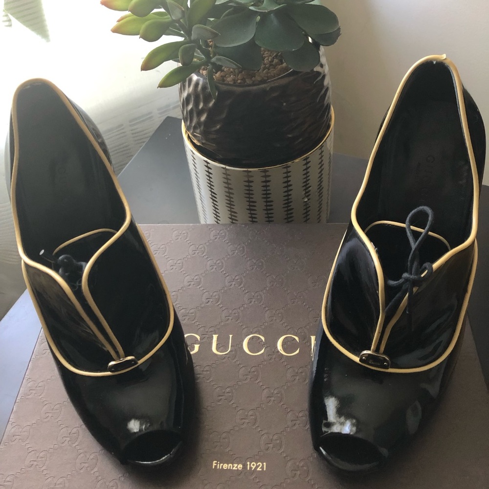 Gucci Newton Patent Leather Peep Toe Ankle Booties